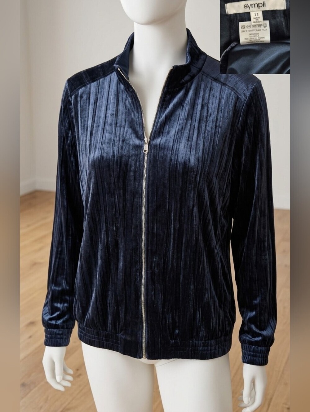 Sympli Crushed Velvet  Bomber Jacket Navy Blue Size 12 Made in Canada